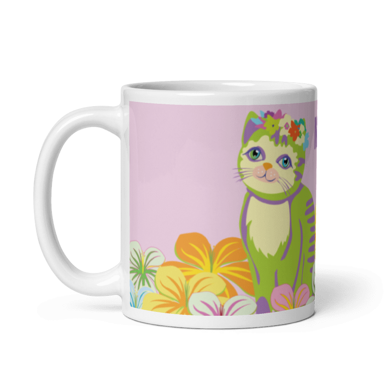 Pawthenticvibes Signature Mug - side view with flower crown cat and tropical flowers