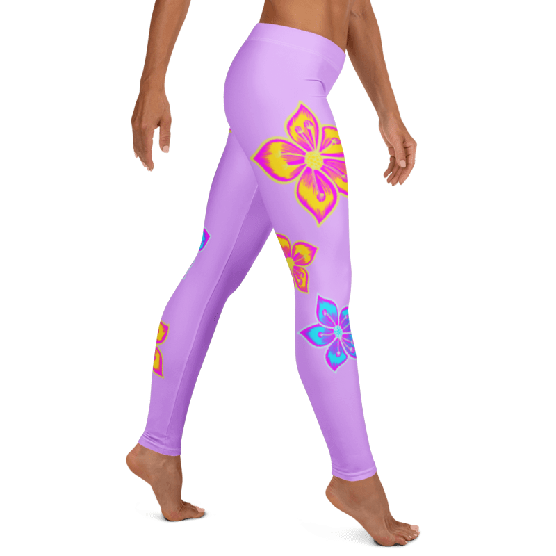 Lavanda Bloom Leggings - side view with yellow and fuchsia floral print on lavender