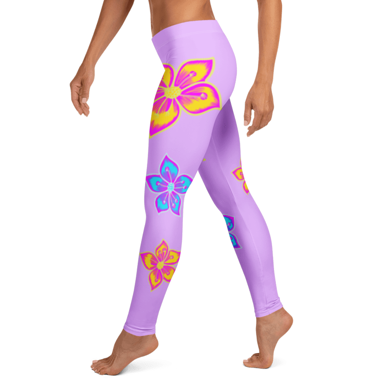 Lavanda Bloom Leggings - back side view with neon blue and fuchsia flowers on lavender