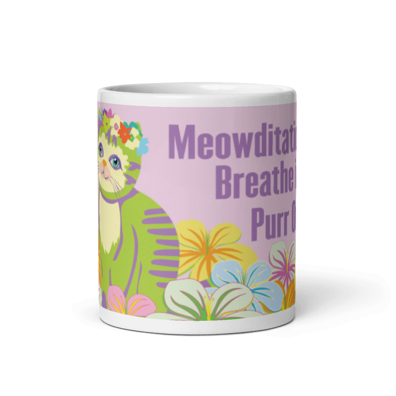 Pawthenticvibes Signature Mug - front view with flower crown cat and Meowditation quote
