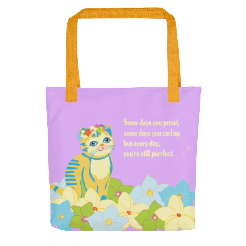 Purrfect Every Day Tote Bag - front view with flower crown cat and purrfect quote