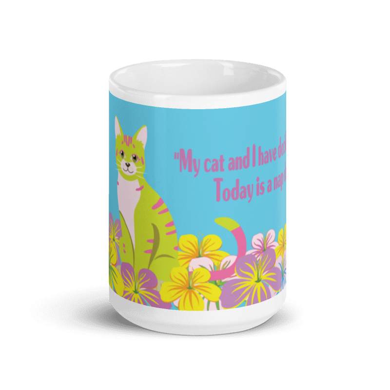 The Pepita Mug - front view with Pepita cat and nap day quote