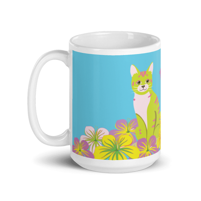 The Pepita Mug - side view with Pepita cat and tropical flowers