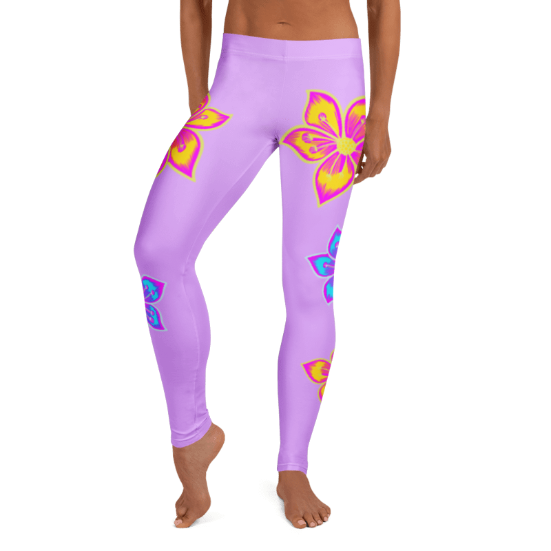 Lavanda Bloom Leggings - front view with bold neon floral print on lavender