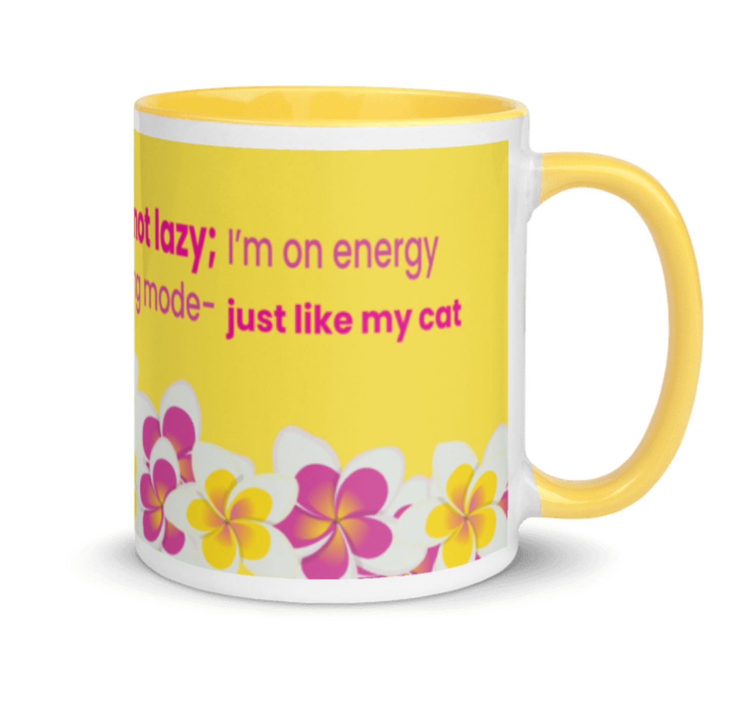Tropical Cat Vibes Mug - right side with text and yellow handle