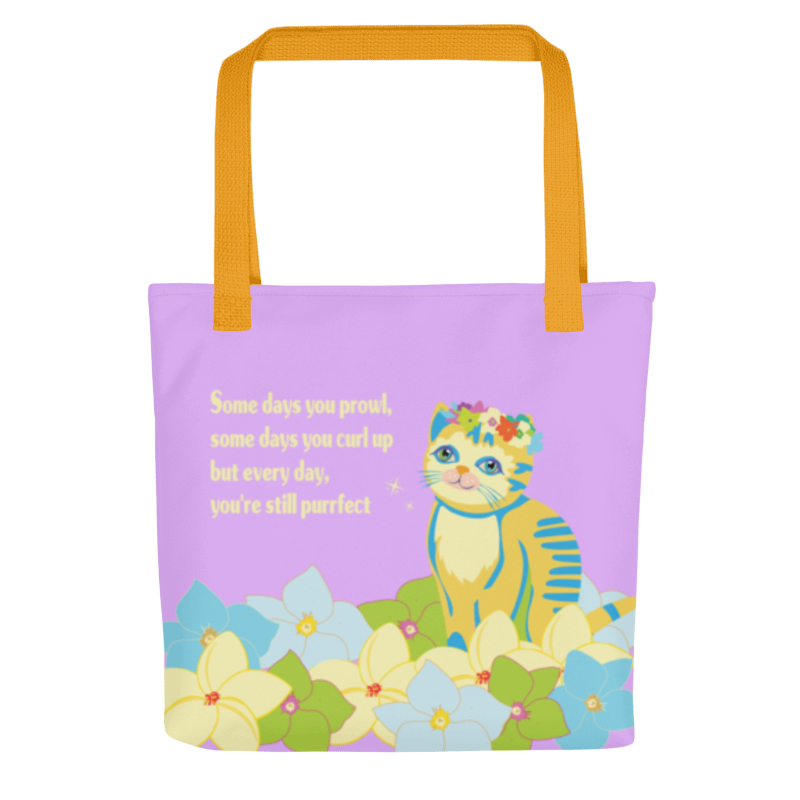 Purrfect Every Day Tote Bag - side view with flower crown cat and tropical flowers