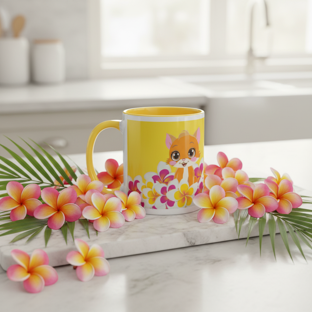 Tropical Cat Vibes Mug on marble board with tropical flowers lifestyle photo