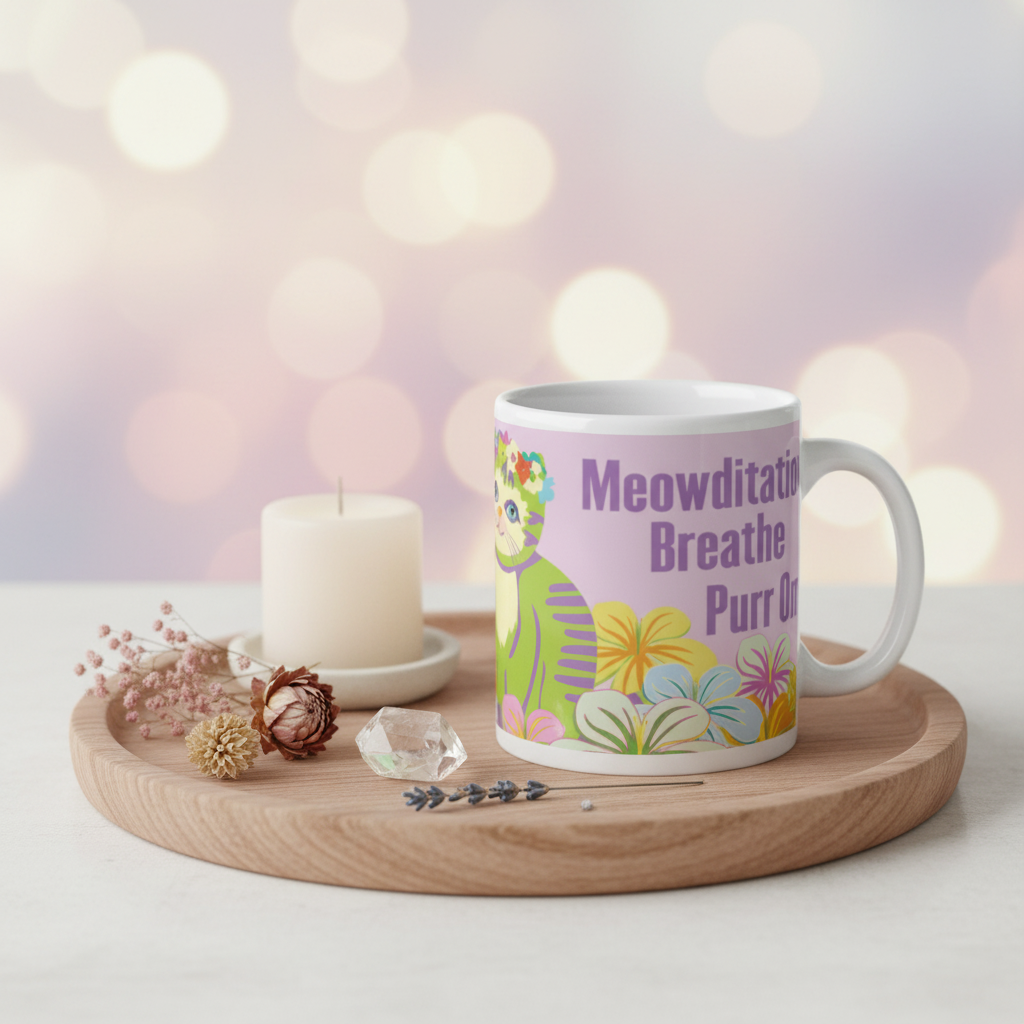 Pawthenticvibes Signature Mug lifestyle photo with candle crystals and dried flowers zen aesthetic