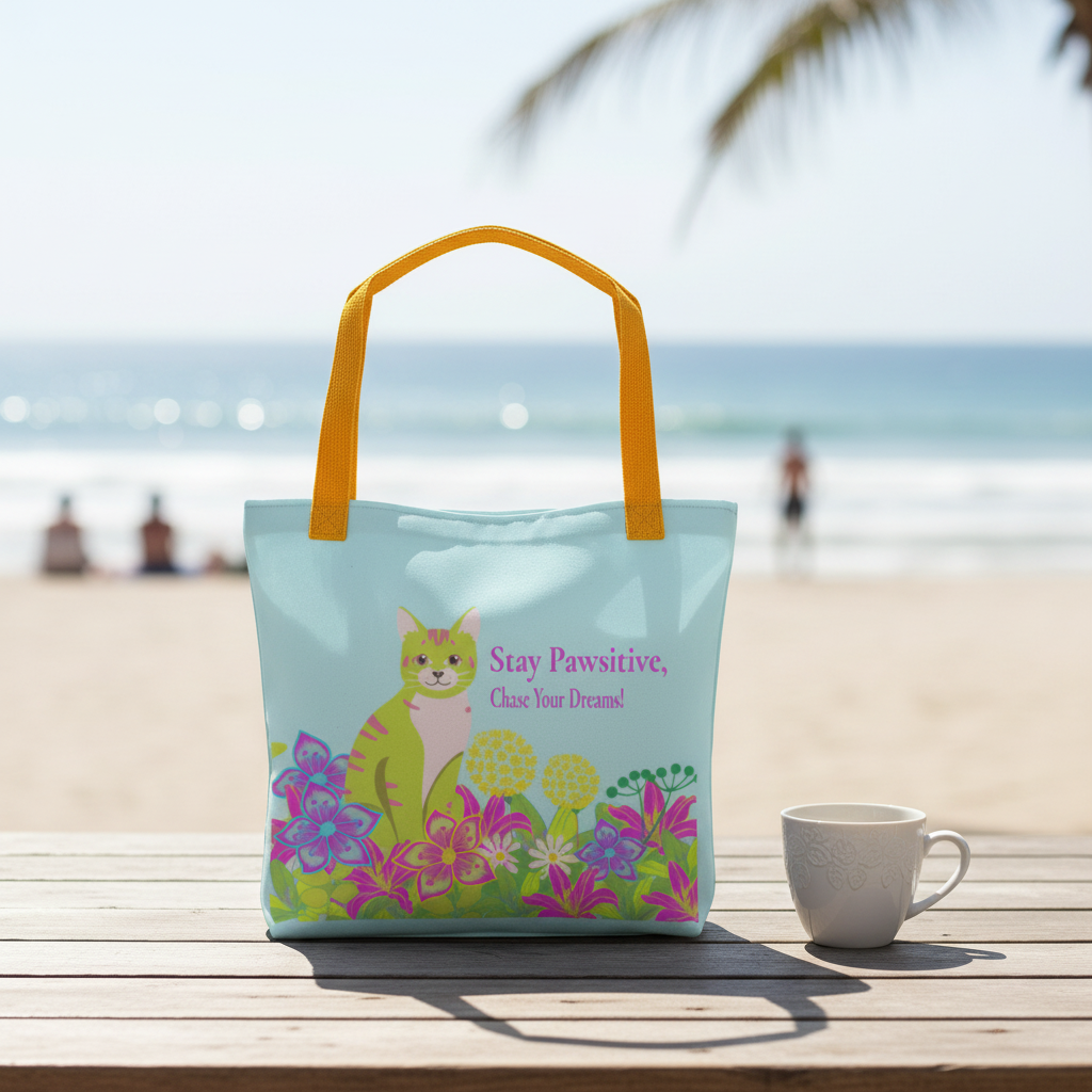 The Stay Pawsitive Tote Bag lifestyle photo with beach background and Pepita cat visible