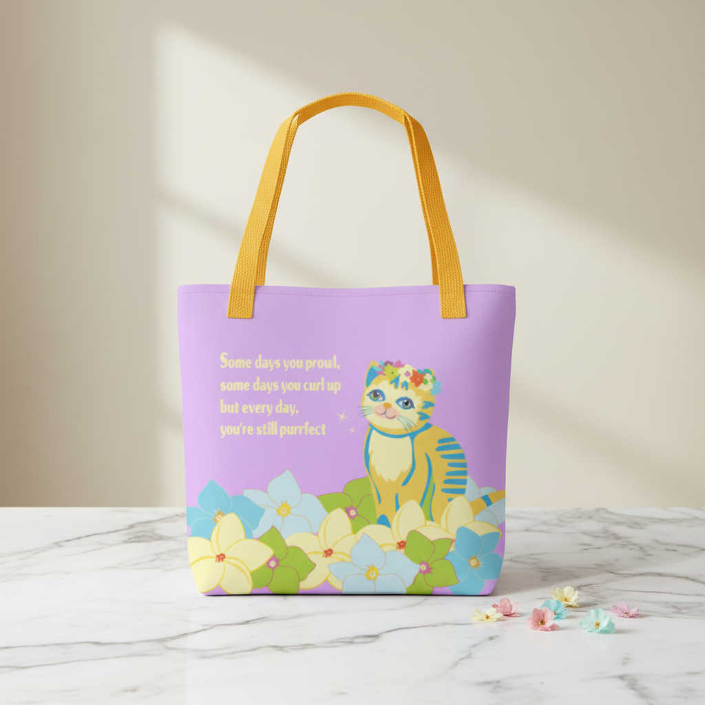 Purrfect Every Day Tote Bag lifestyle photo on marble with pastel flowers and cat face fully visible