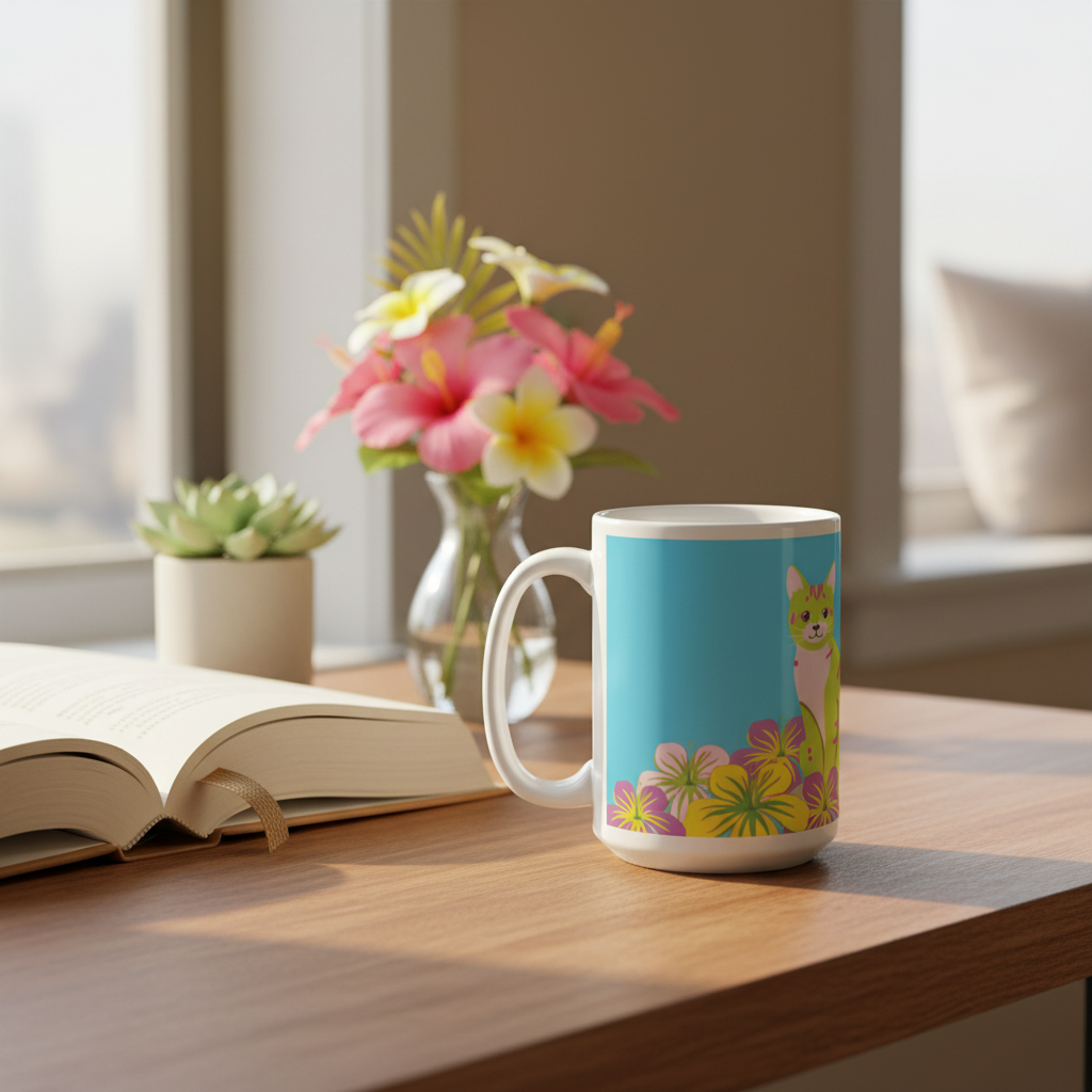The Pepita Mug lifestyle photo on cozy desk with tropical flowers and book