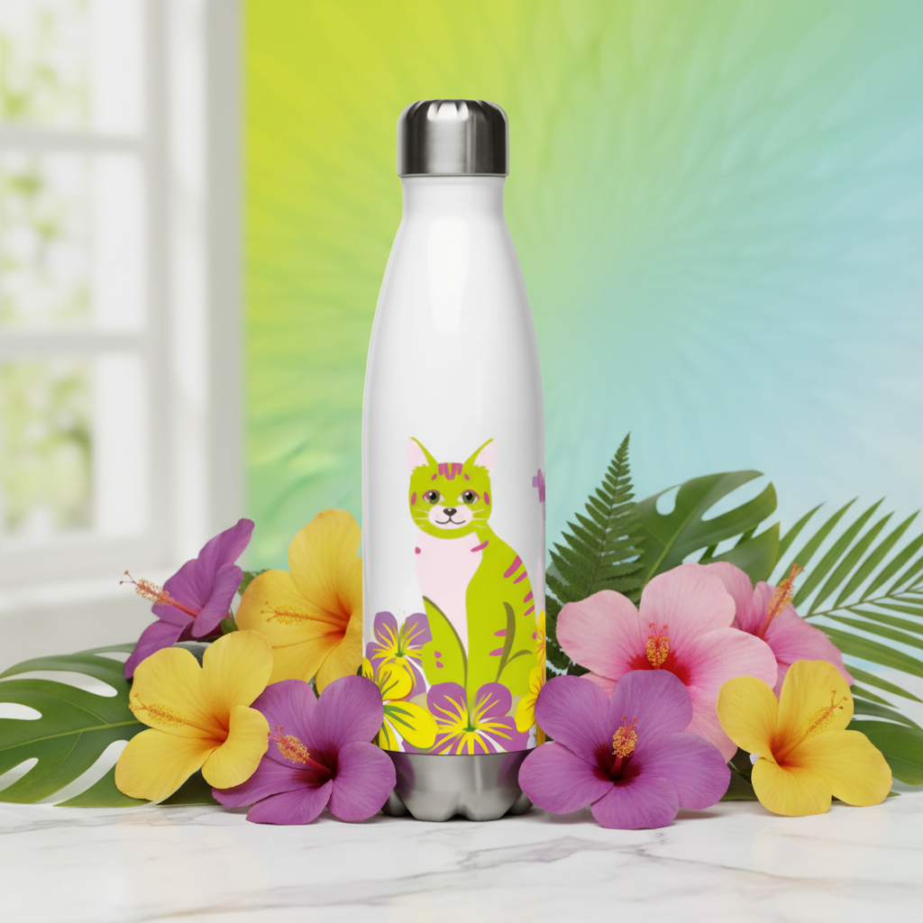 The Pepita Bottle lifestyle photo on marble with tropical flowers